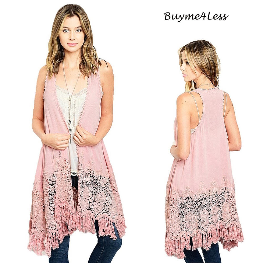BOHO Hippie Swing Fringed Tassel Cardigan Vest PNK